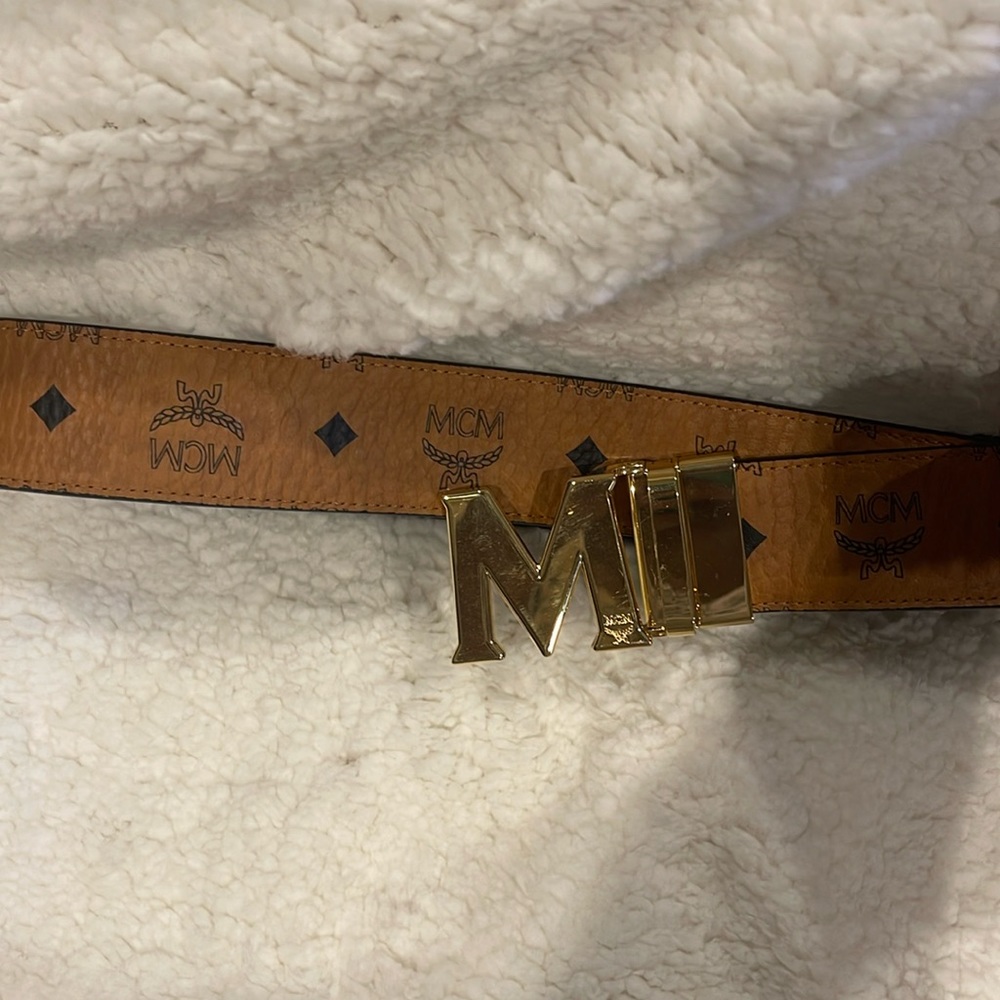 Pre-Loved Authentic MCM Reversible Gold Buckle Belt Cognac